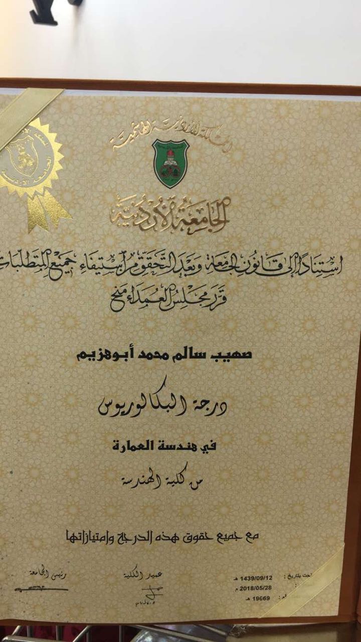 صهيب ابو هزيمالف مبروك التخريج من الجامعة الأردنية.