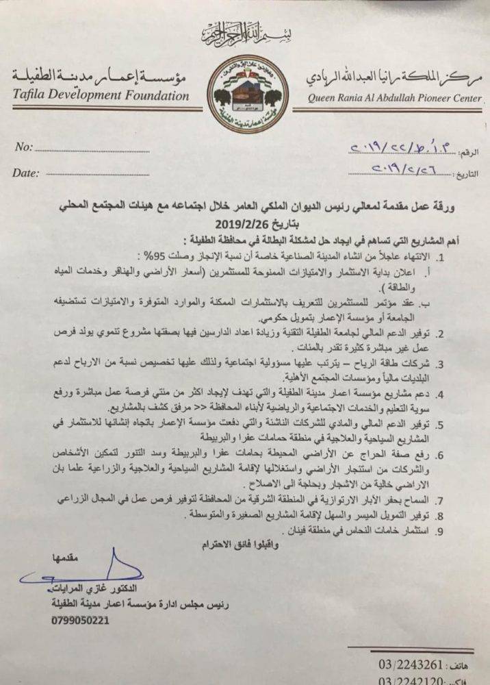 رئيس اعمار مدينة الطفيلة يعرض مقترحات للحد من البطالة