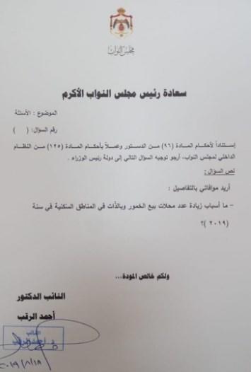 النائب الرقب يوجه سؤال عن محلات الخمور بالأردن