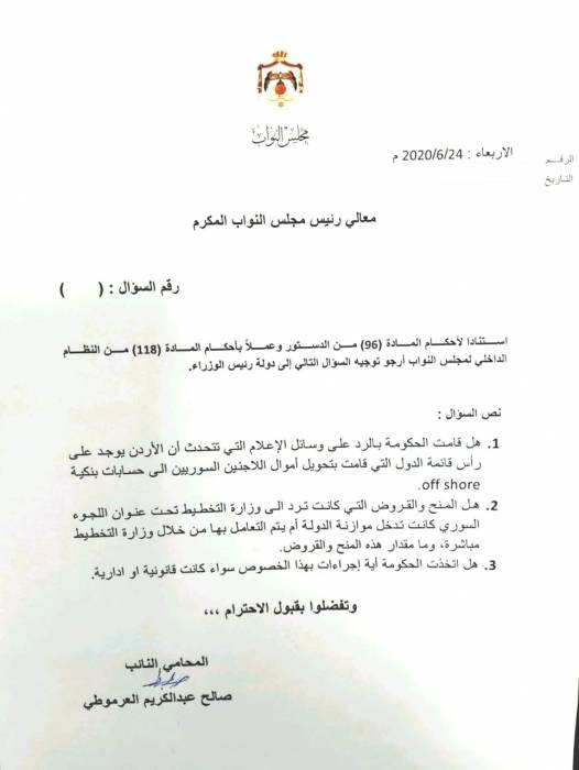 العرموطي يسأل عن تحويل أموال اللاجئين لحسابات بنكية