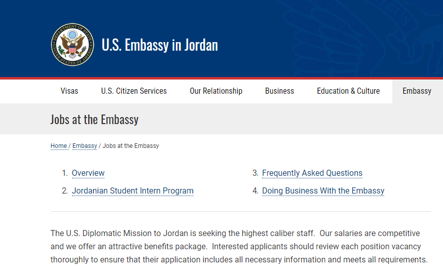 للأردنيين .. السفارة الأمريكية تبحث عن مساعد إدراي .. ربما تنطبق عليكم الشروط .. تفاصيل