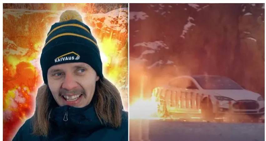 شاهد بالفيديو رجل أعمال  يُفجر سيارته تسلا.... السبب غريب....