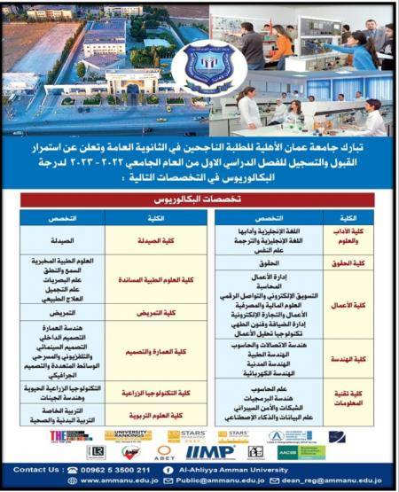 عمان الأهلية تعلن استمرار القبول والتسجيل بكافة تخصصاتها