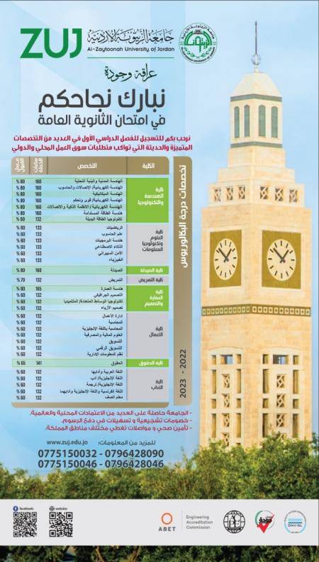 جدول التخصصات جامعة الزيتونة الاردنية