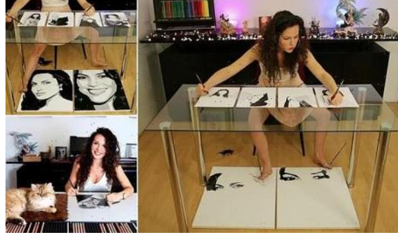 فنانة ترسم بيديها وقدميها في نفس الوقت