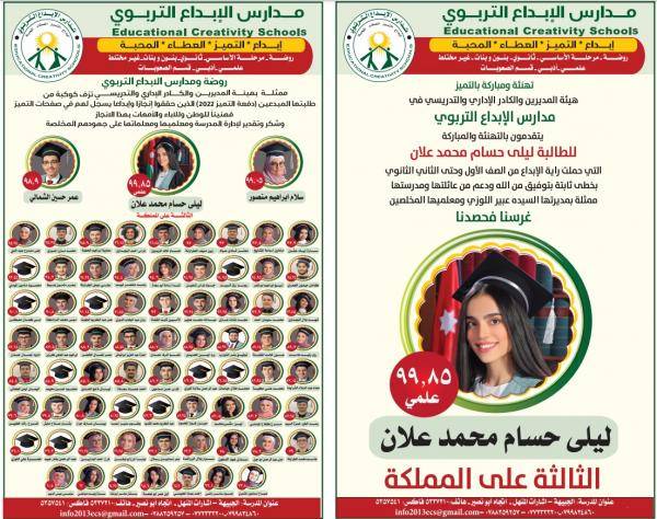 مدارس الابداع التربوي تعلن نسب نجاح طلبتها في التوجيهي