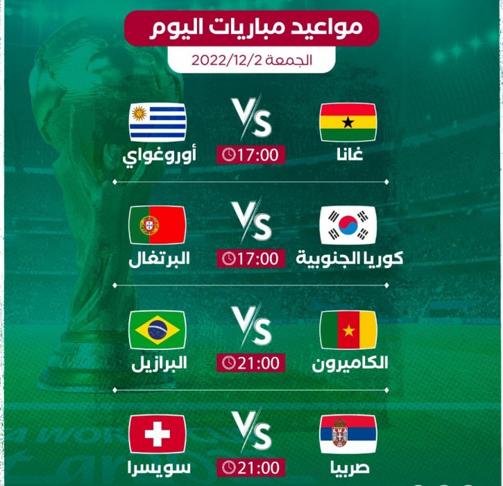 مواعيد مباريات اليوم الجمعة 212 في كأس العالم قطر 2022 والقنوات الناقلة
