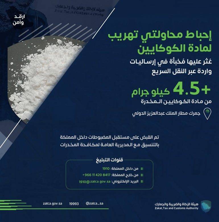 السعودية ..إحباط محاولتي تهريب أكثر من 4.5 كيلوجرامات من “الكوكايين”