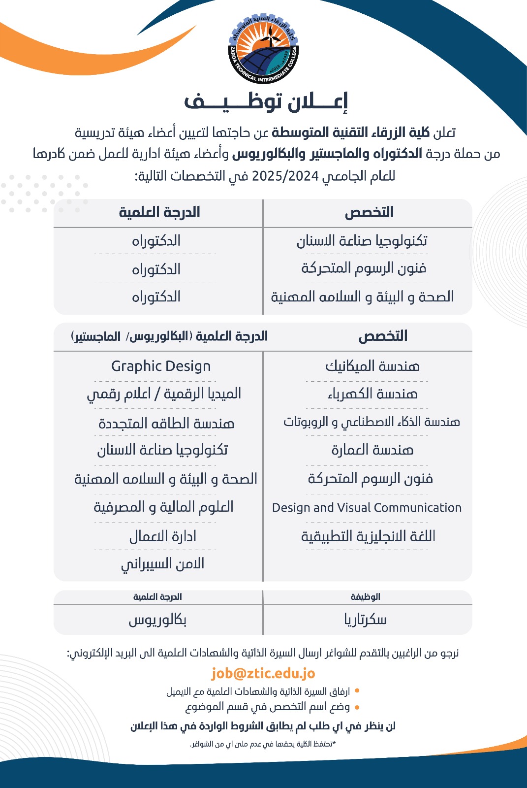 اعلان توظيف في جامعة الزرقاء التقنية المتوسطة
