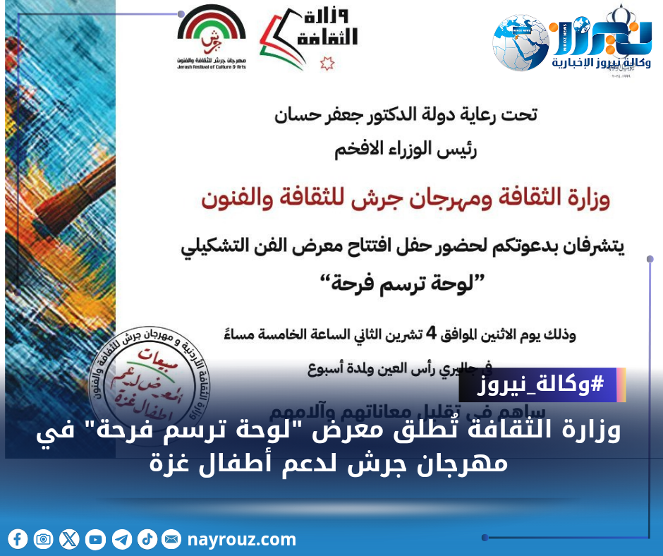 وزارة الثقافة تُطلق معرض لوحة ترسم فرحة في مهرجان جرش لدعم أطفال غزة