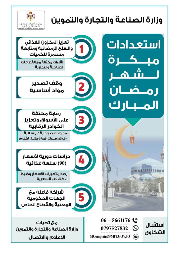 الصناعة والتجارة: إستعدادات متكاملة لشهر رمضان المبارك