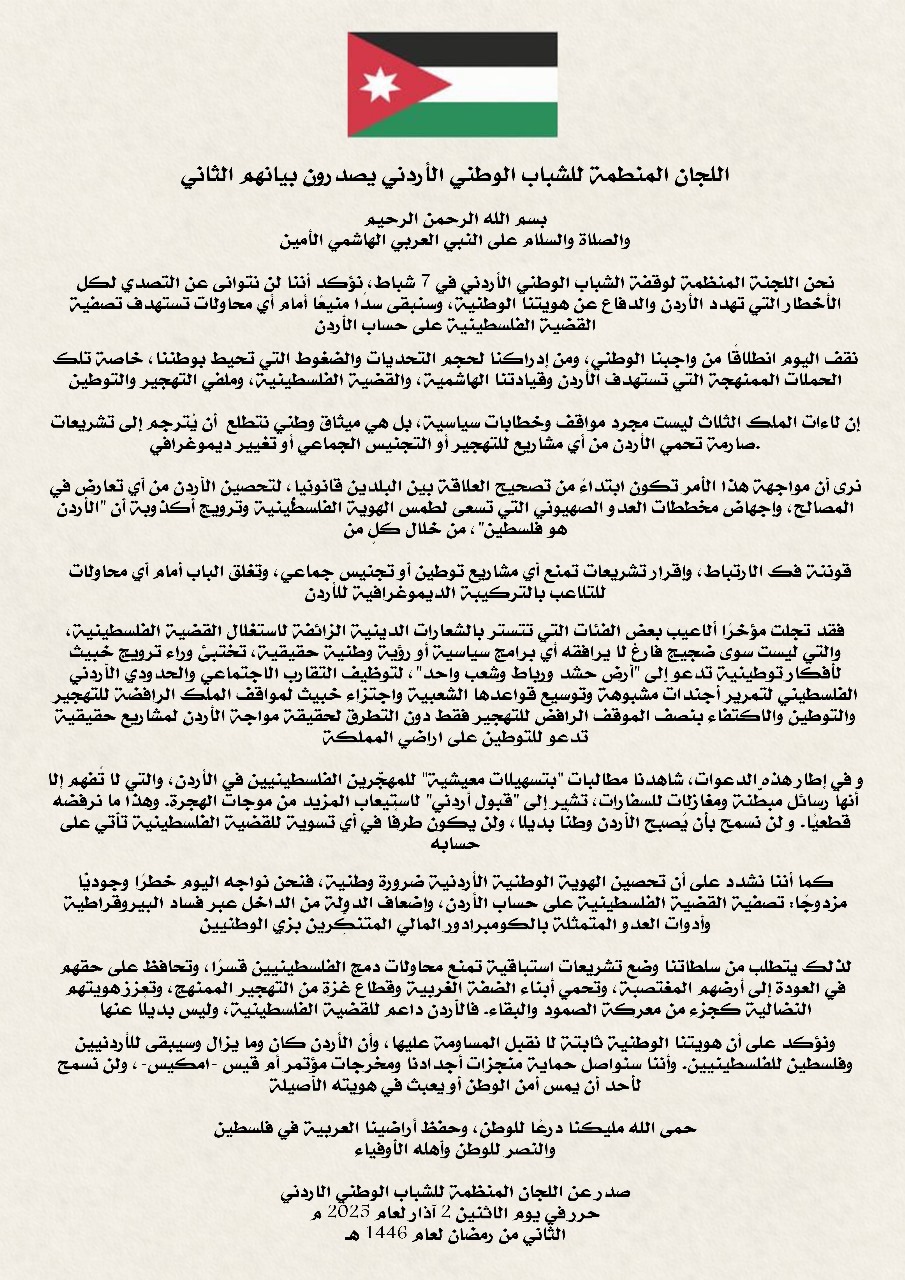 الشباب الوطني الأردني يؤكد رفضه للتوطين والتجنيس