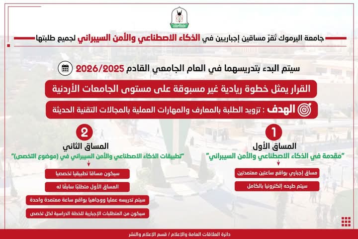 جامعة اليرموك تُقرّ مساقين إجباريين في الذكاء الاصطناعي والأمن السيبراني