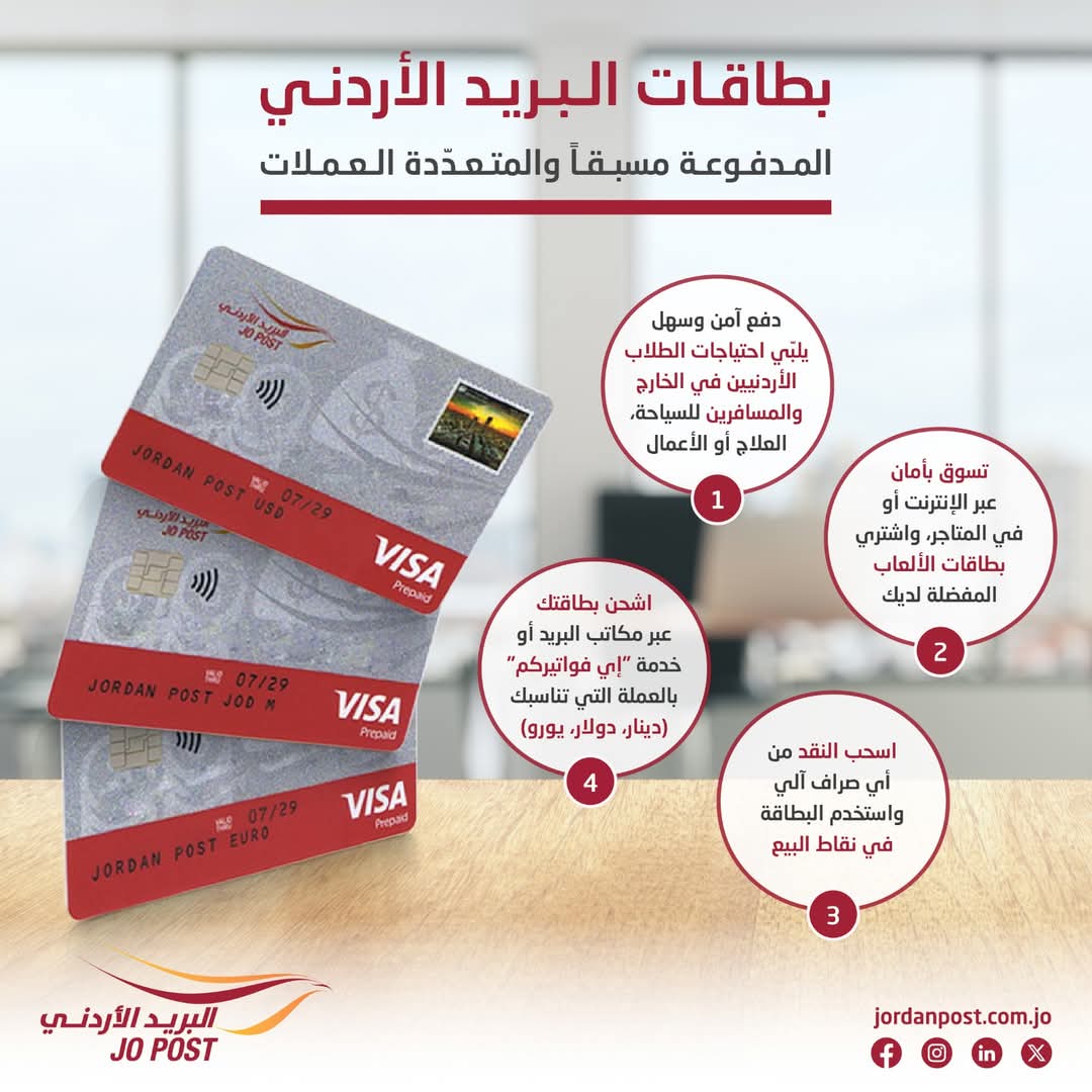 بطاقات البريد الأردني متعددة العملات ...حرية مالية بلا حدود
