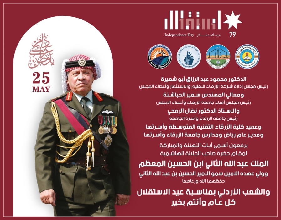 جامعة الزرقاء تهنئ بمناسبة عيد الاستقلال الـ 79
