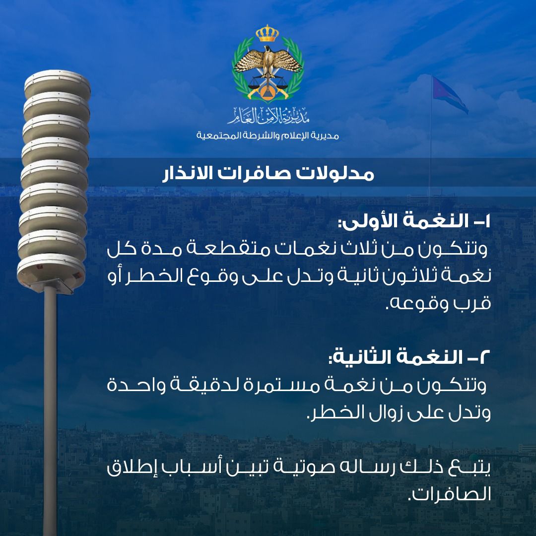 مديرية الأمن العام توضح مدلولات صافرات الإنذار المستخدمة في حالات الطوارئ