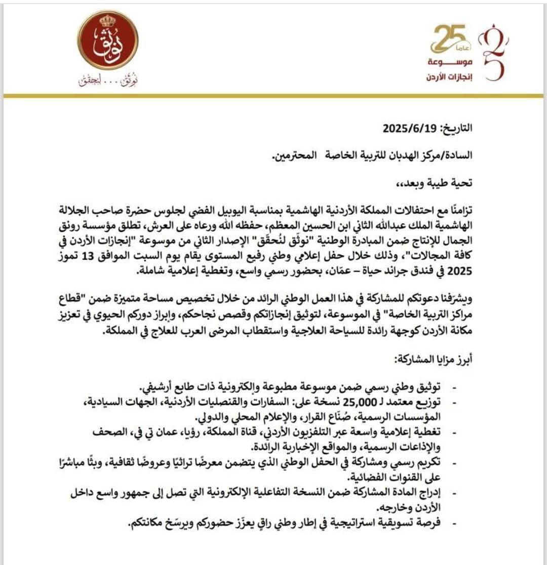 مؤسسة رونق الجمال تطلق الإصدار الثاني من موسوعة إنجازات الأردن ضمن مبادرة نوثق لتحقق وتوجه الدعوة لمركز الهدبان لذوى الاحتياجات الخاصة