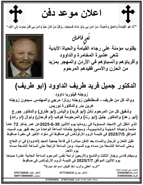 وفاة الدكتورجميل فريد طريف الداوود  ابو طريف