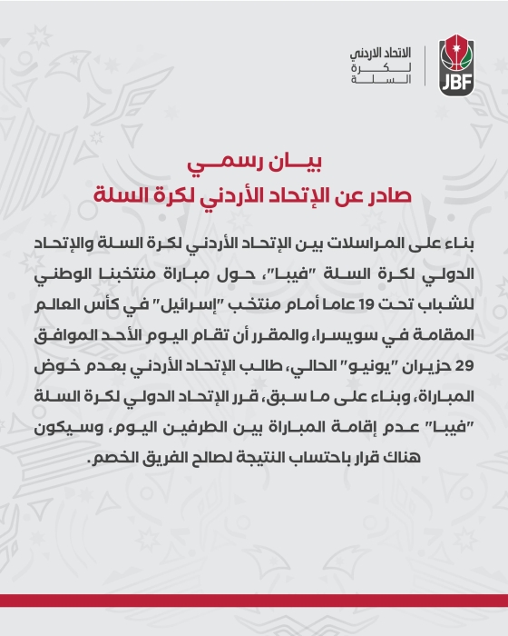 فيبا يُلغي مباراة الأردن وإسرائيل في مونديال الشباب بعد رفض منتخبنا خوض اللقاء