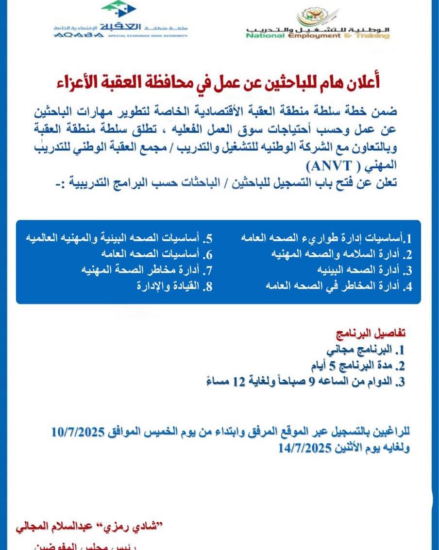اقتصادية العقبة تفتح باب التسجيل في برامج تدريبية للباحثين عن عمل