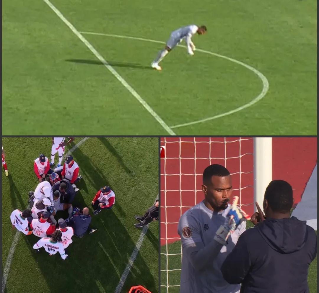 حارس السودان منجد أبو زيد يسقط أثناء المباراة ويستكمل اللقاء بعد تدخل الطاقم الطبي