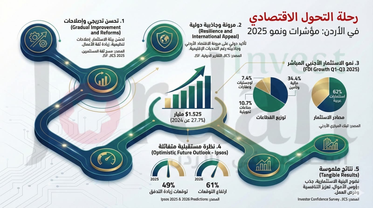 اقتصاد الأردن 2025: وزارة الاستثمار تقود تحولاً جذرياً.. نمو التدفقات الأجنبية بنسبة 27.7 وتوقعات أفضل في 2026