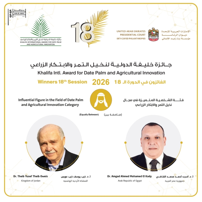 إعلان أسماء الفائزين بجائزة خليفة الدولية لنخيل التمر والابتكار الزراعي بدورتها الثامنة عشرة 2026 وإطلاق المؤتمر الدولي الثامن لنخيل التمر.