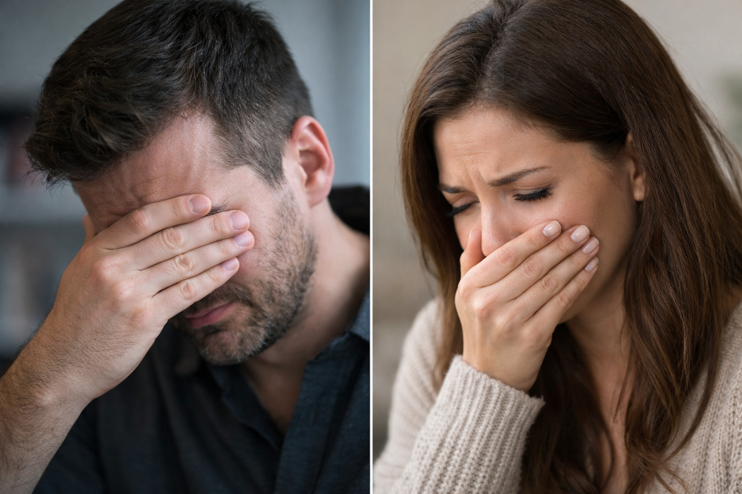 لماذا يضع الرجل يده على عينيه عند البكاء، بينما تغطي المرأة فمها؟