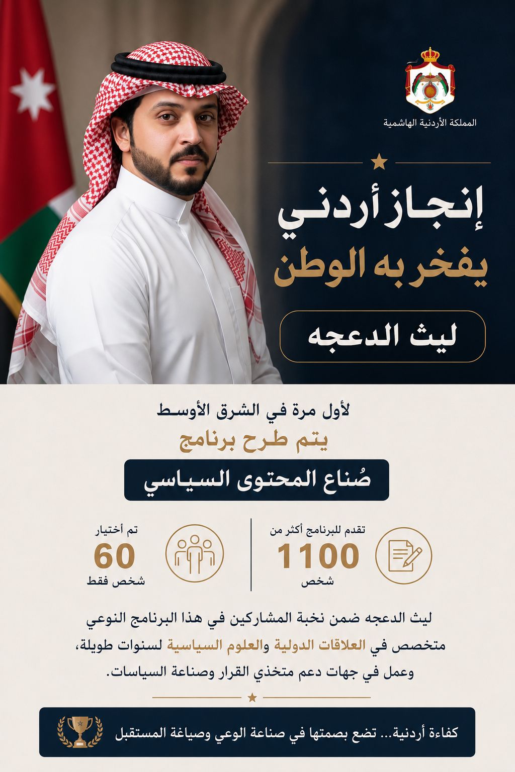 إنجاز أردني يفخر به الوطن.. ليث الدعجة ضمن نخبة برنامج صناع المحتوى السياسي