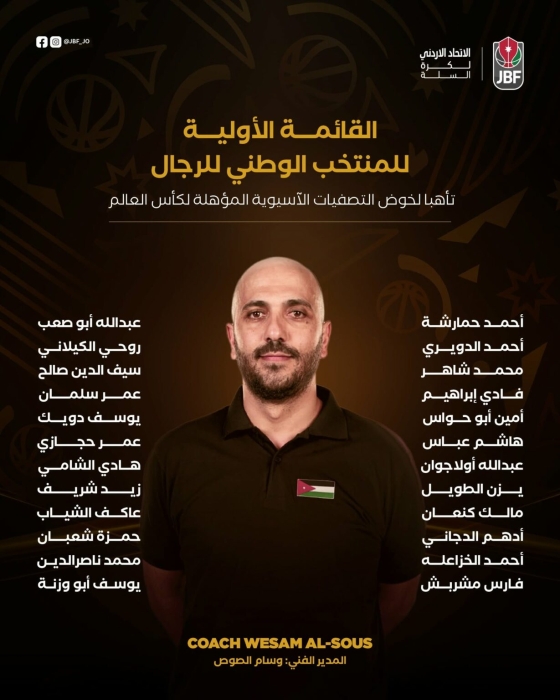 إعلان القائمة الأولية لمنتخب السلة (صقور الأردن) في تصفيات كأس العالم